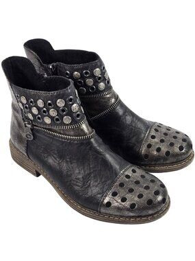 Rieker Antistress Black Ankle Boots Studded Faux Zip Comfort Moto Grunge Western